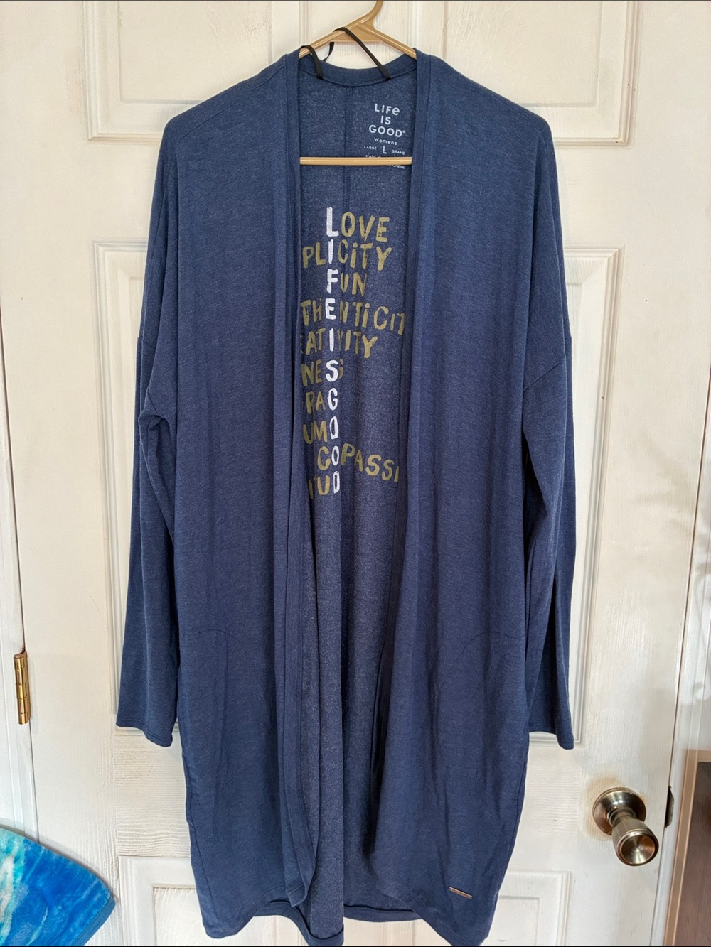 Life Is Good Size Large Navy Open-Front Cardigan with Gold Script